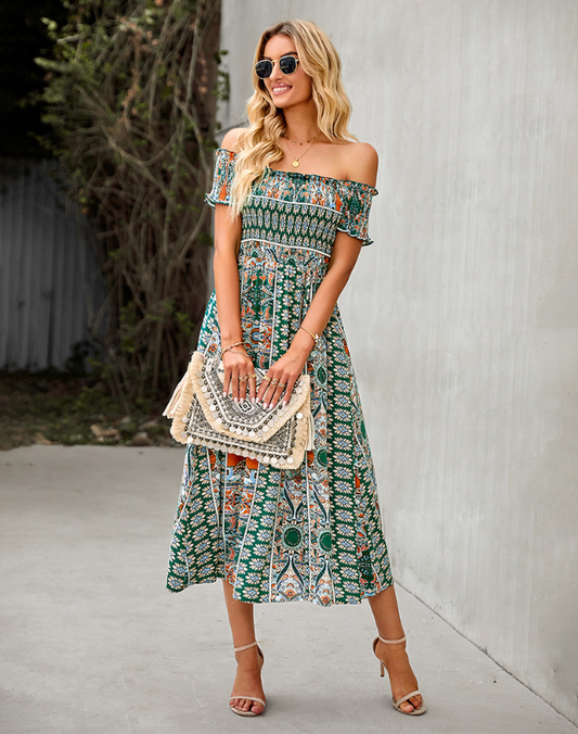 Waist Neck Puff Full-Length with Flowered Shoulder Arm Vintage Slash and Off Gown Bohemian Split