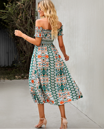 Waist Neck Puff Full-Length with Flowered Shoulder Arm Vintage Slash and Off Gown Bohemian Split