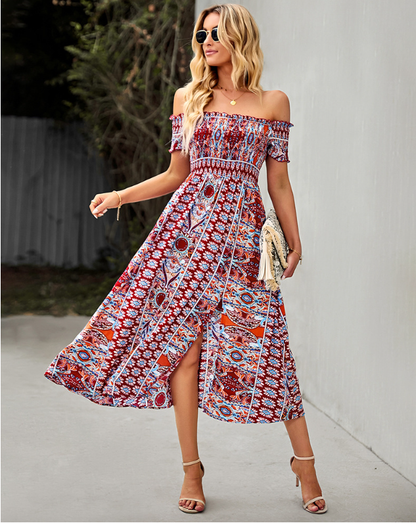 Waist Neck Puff Full-Length with Flowered Shoulder Arm Vintage Slash and Off Gown Bohemian Split