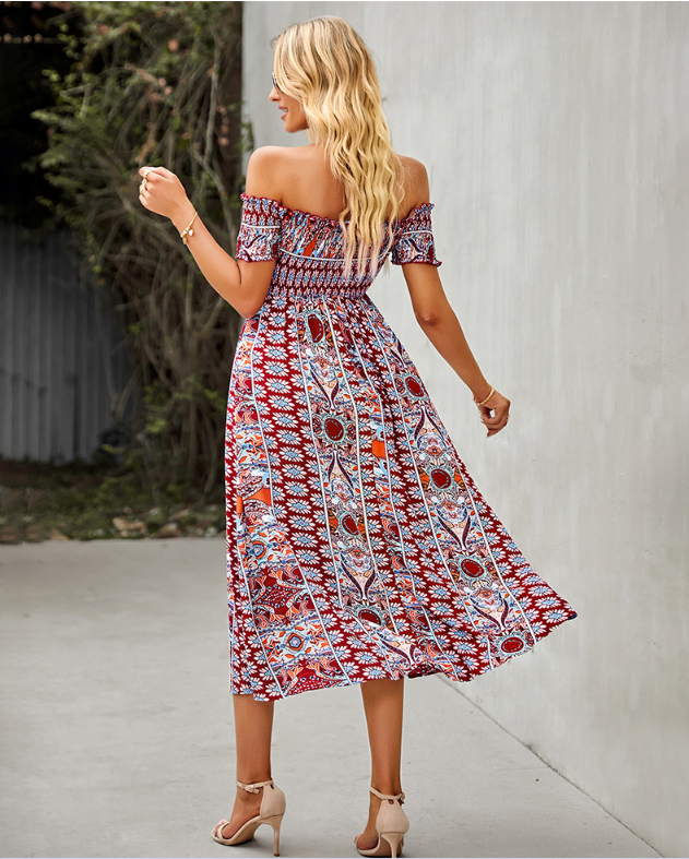 Waist Neck Puff Full-Length with Flowered Shoulder Arm Vintage Slash and Off Gown Bohemian Split