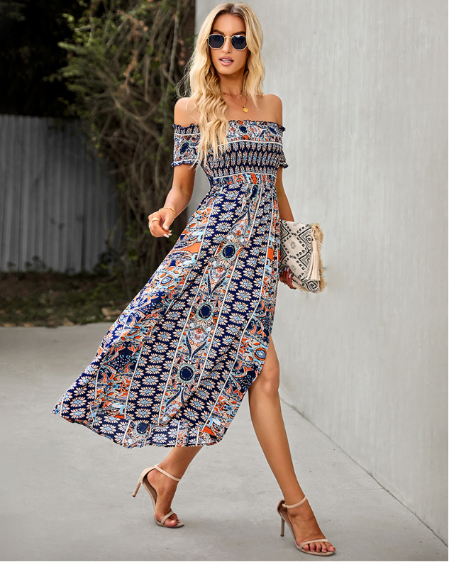 Waist Neck Puff Full-Length with Flowered Shoulder Arm Vintage Slash and Off Gown Bohemian Split