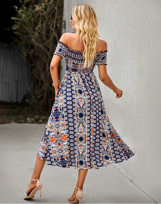 Waist Neck Puff Full-Length with Flowered Shoulder Arm Vintage Slash and Off Gown Bohemian Split