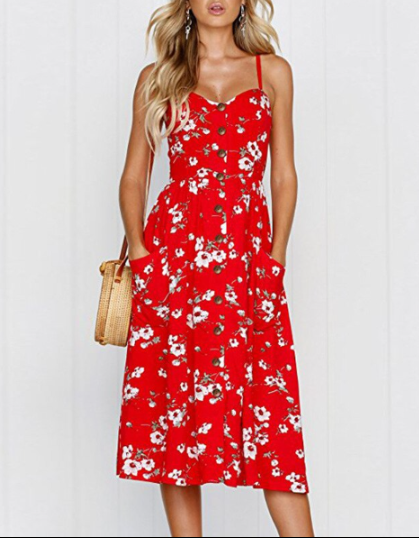 Red Summer Casual Beach Dress Midi Button Backless Women Dress