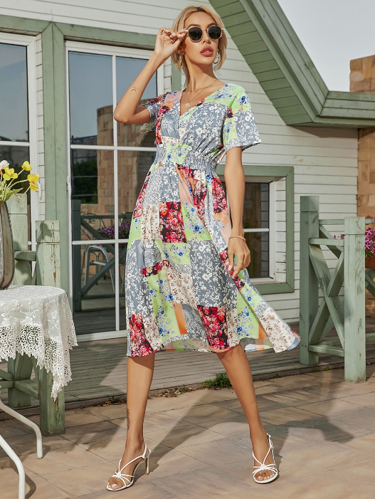 Robe V-Neck Long Coastal Short-Sleeved Casual A-Line - Retro Gown Green