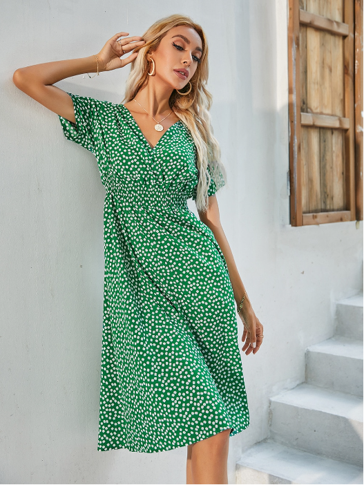 V-Neck Chiffon Long Short-Sleeved Casual Coastal Robe A-Line Dress