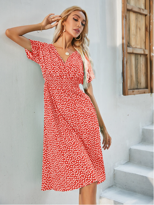 V-Neck Chiffon Long Short-Sleeved Casual Coastal Robe A-Line Dress