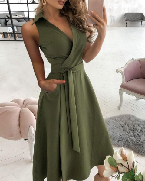 Summer Office Ladies V-Neck Dress Casual Long Sleeve Female Dress