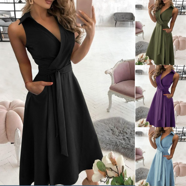 Summer Office Ladies V-Neck Dress Casual Long Sleeve Female Dress