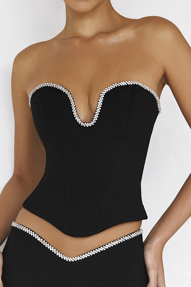 Black Crystal Stylish Trimmed Corset