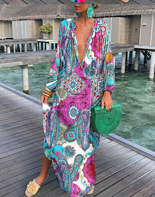 Vintage Flared Sleeves V-neck Bohemian Dress