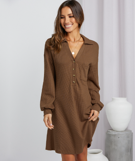 V-neck Waffle Shirt Skirt Loose Dress