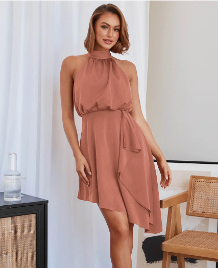 Satin Strap Dress with Hanging Neck