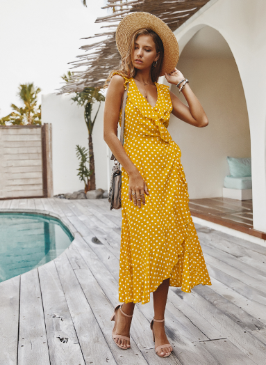 Spaghetti Strap Dress - Medium Long Dot Pattern