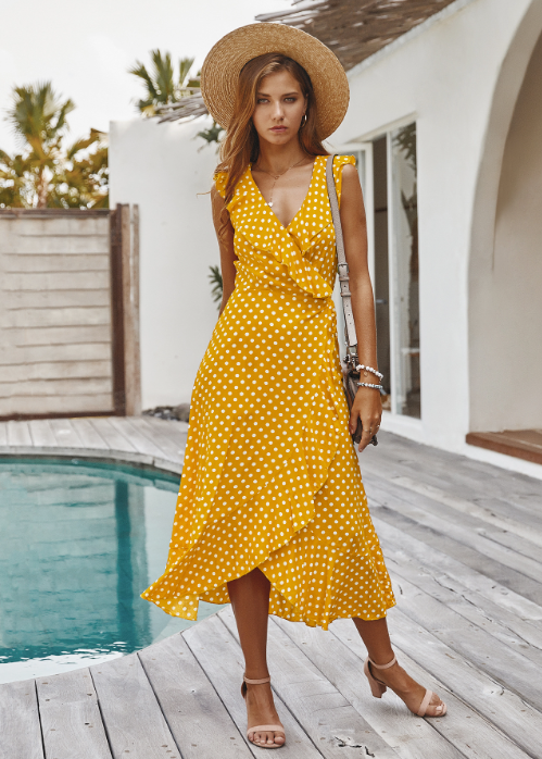 Spaghetti Strap Dress - Medium Long Dot Pattern