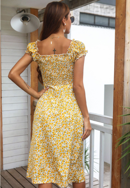 Split Neckline Flowered Dress