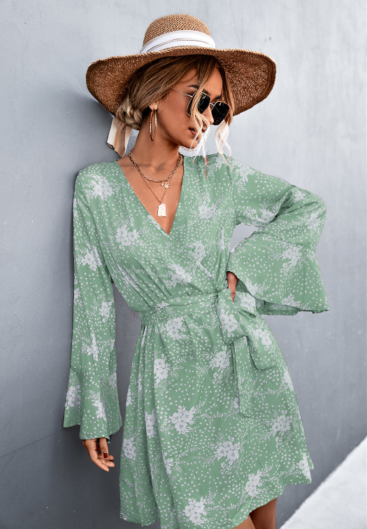 V-Neck Flared Sleeve Printed Strap Dress