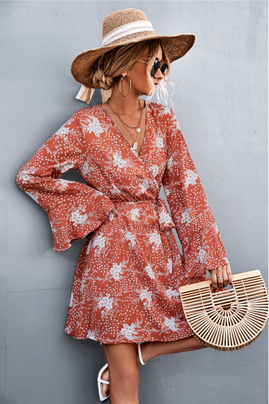 V-Neck Flared Sleeve Printed Strap Dress