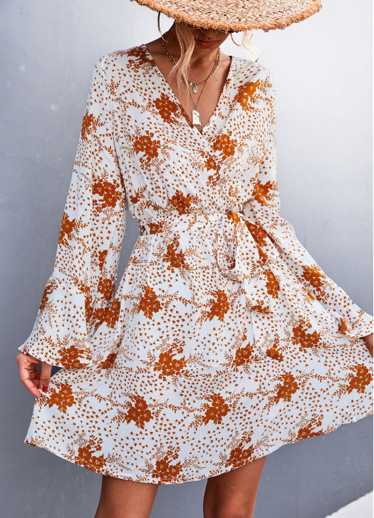 V-Neck Flared Sleeve Printed Strap Dress