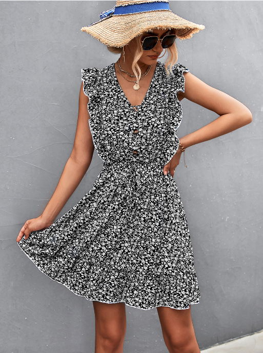 V-Neck Button Lotus Leaf Sleeve Waist Dress