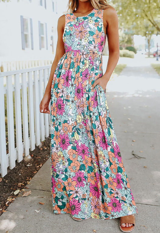 Round Patterned Flowered High Waist Neck Dress