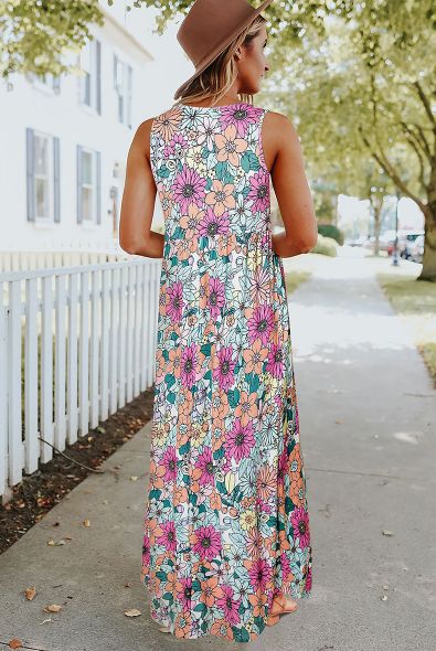 Round Patterned Flowered High Waist Neck Dress