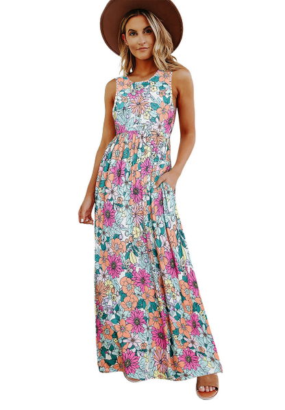 Round Patterned Flowered High Waist Neck Dress