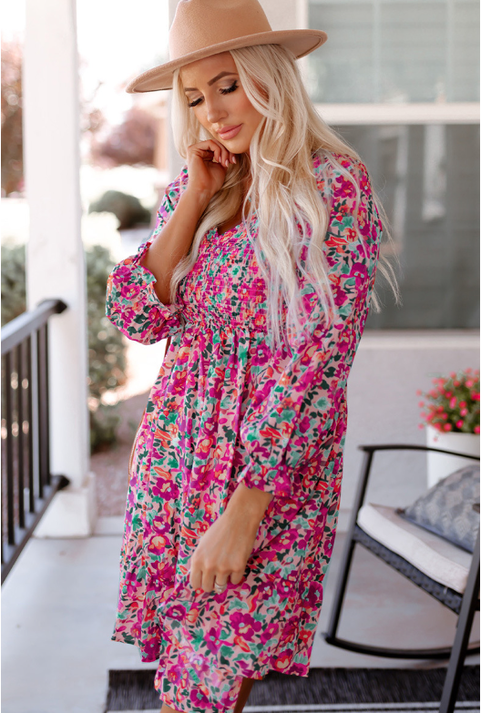 V Neck Pleated Waist Slim Long Sleeve Floral Dress