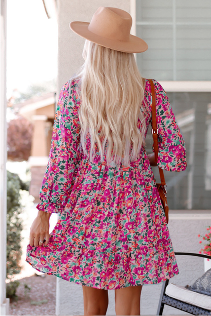 V Neck Pleated Waist Slim Long Sleeve Floral Dress