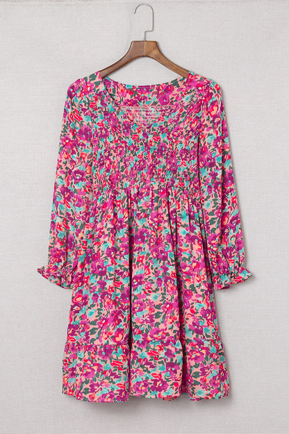 V Neck Pleated Waist Slim Long Sleeve Floral Dress