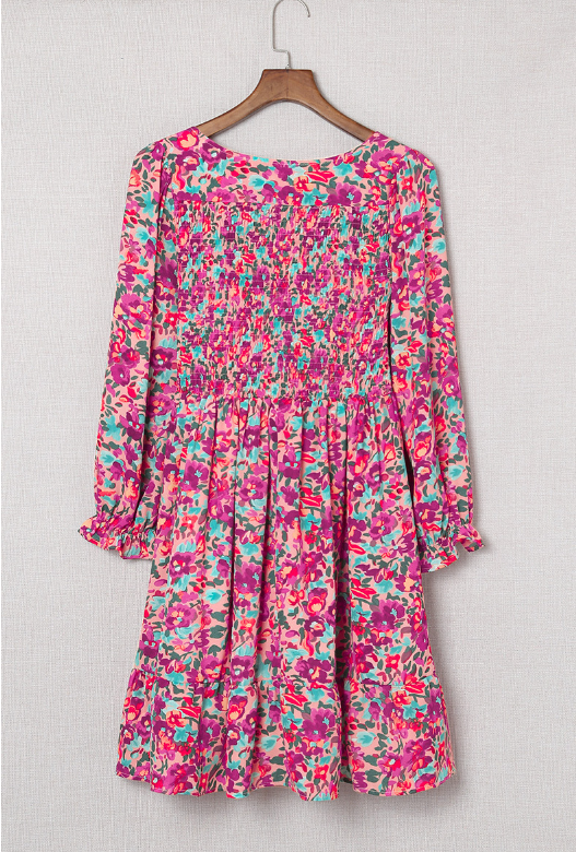 V Neck Pleated Waist Slim Long Sleeve Floral Dress