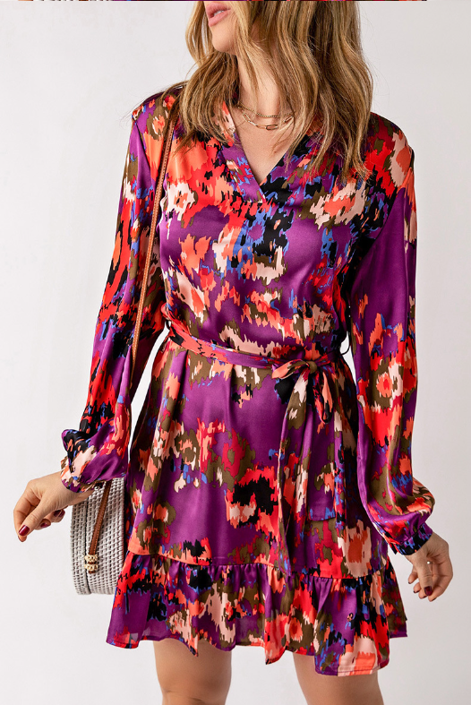 Abstract Belt Ruffled Patterned Dress