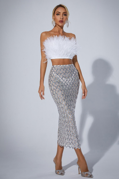 Ansley Strapless Feather Charming Mesh Skirt Set