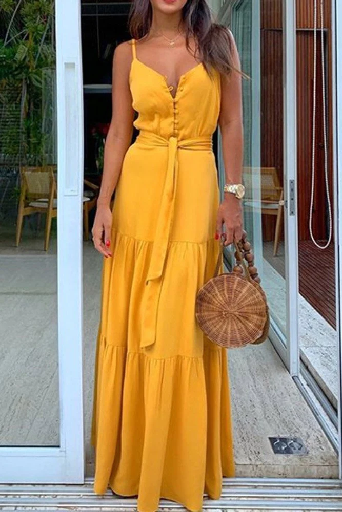 Spaghetti Strap Button Bandage Maxi Dress