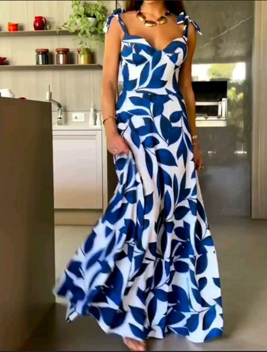 Blue Printed Long Dress with High Waisted Straps