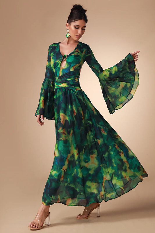 Bell Sleeve Stylish Printed Gown