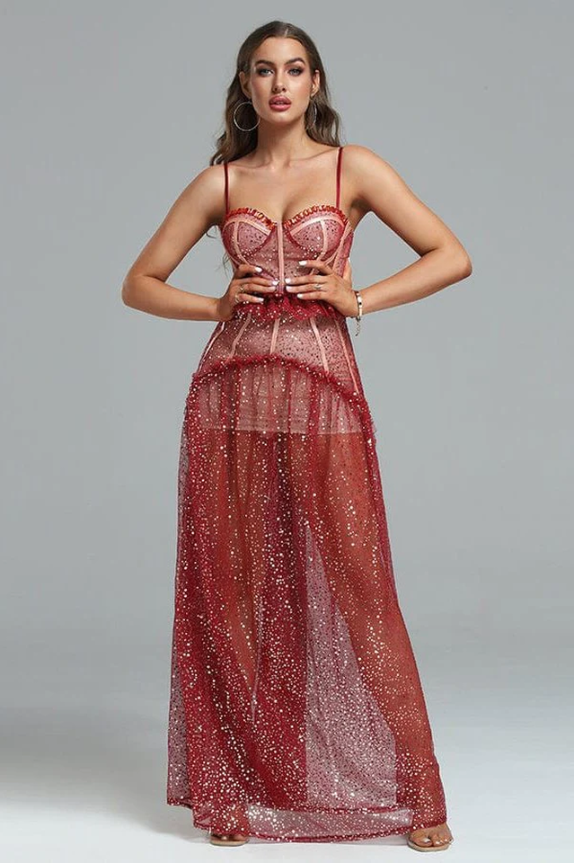 Barrett Sequined Mesh Charming & Lace Maxi Dress