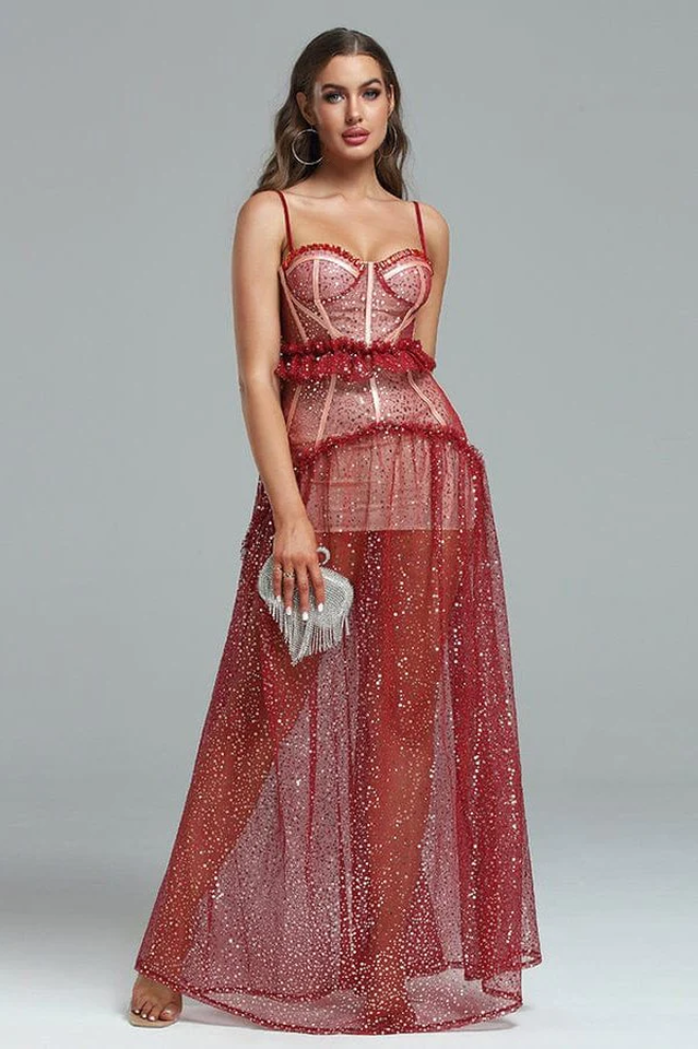 Barrett Sequined Mesh Charming & Lace Maxi Dress