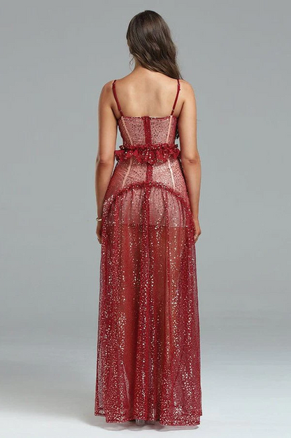 Barrett Sequined Mesh Charming & Lace Maxi Dress