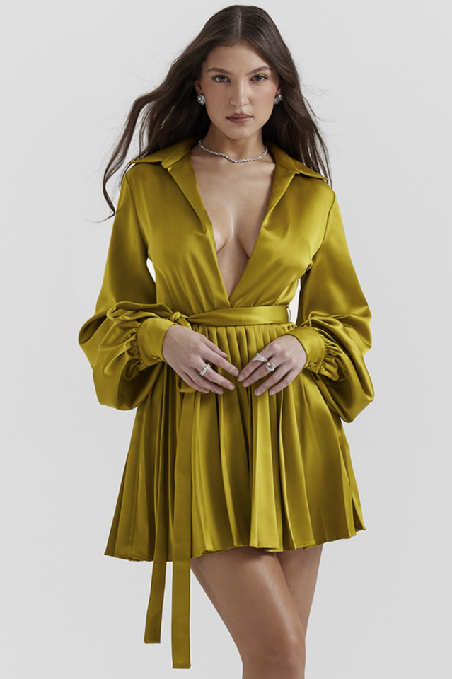 Allegra Chartreuse Stylish Pleated Shirt Dress