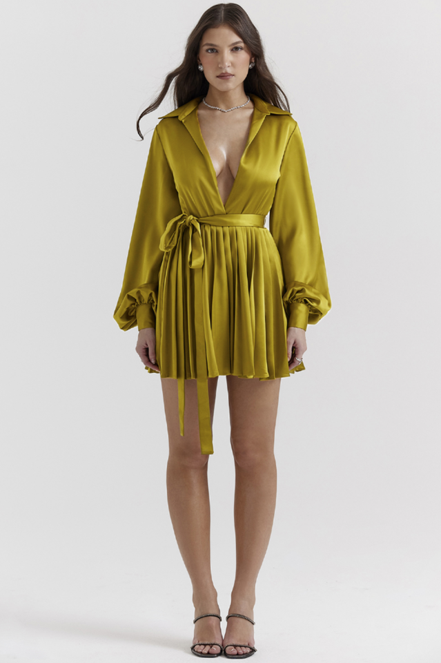 Allegra Chartreuse Stylish Pleated Shirt Dress