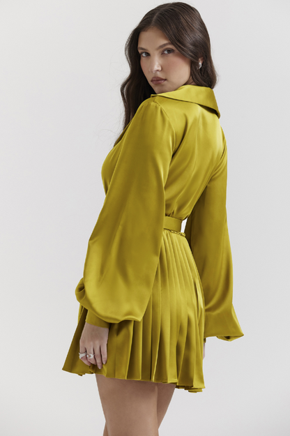 Allegra Chartreuse Stylish Pleated Shirt Dress