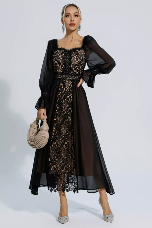 Aliana Floral Hollow Charming Long Sleeve Dress