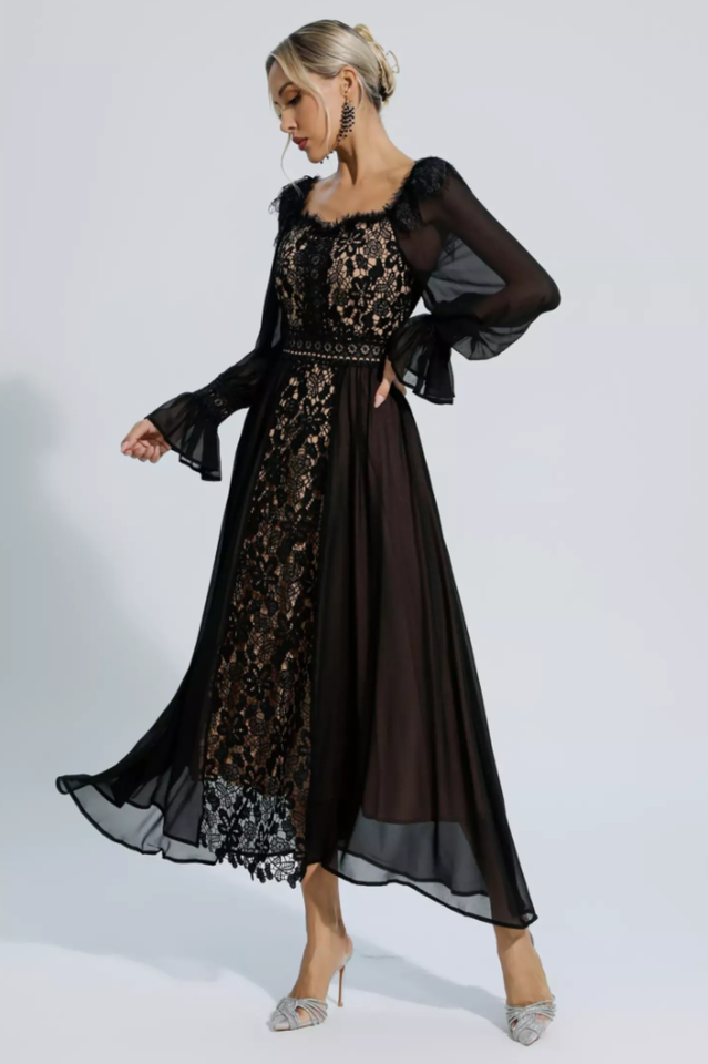 Aliana Floral Hollow Charming Long Sleeve Dress