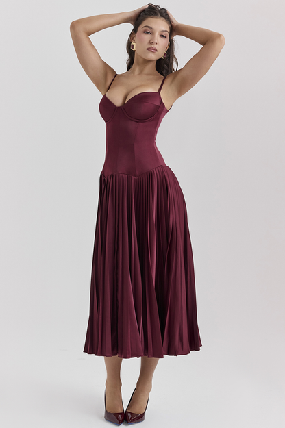 Beau Burgundy Stylish Pleated Midi Dress