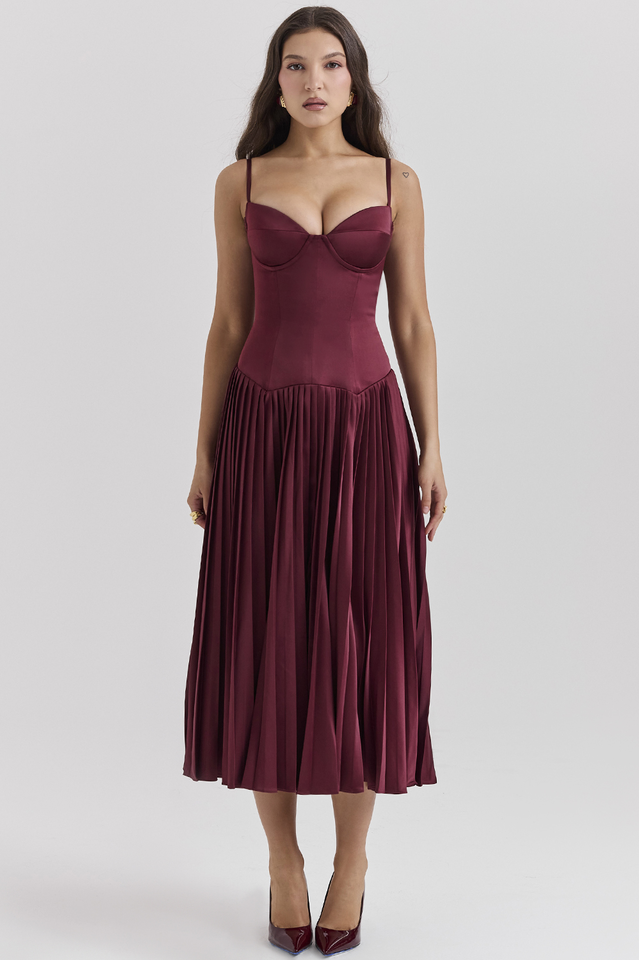 Beau Burgundy Stylish Pleated Midi Dress