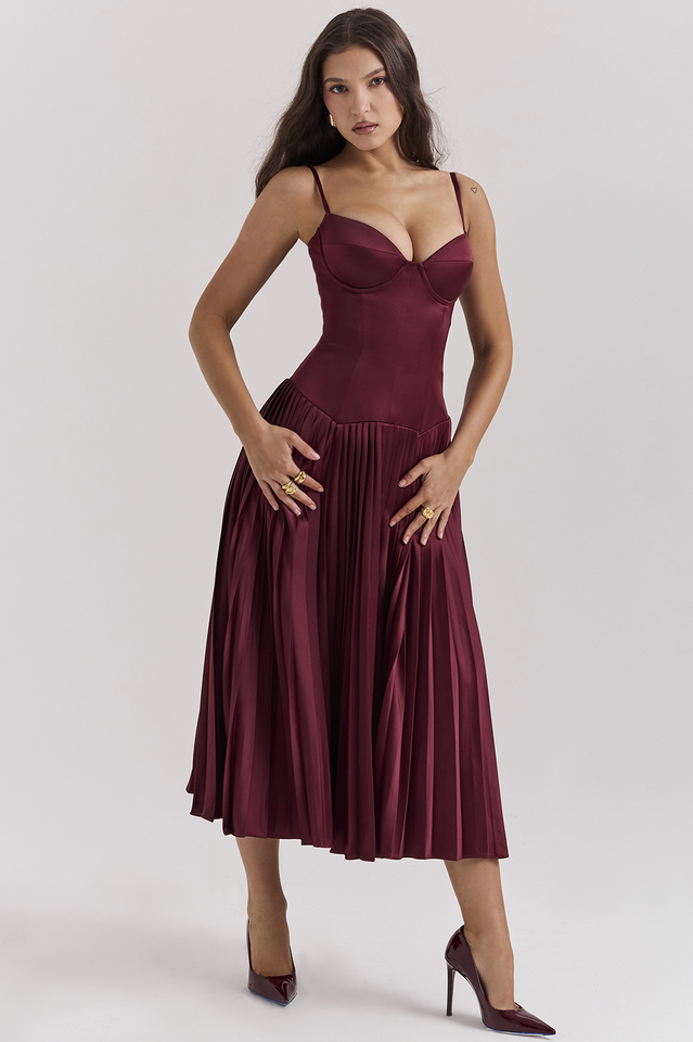 Beau Burgundy Stylish Pleated Midi Dress