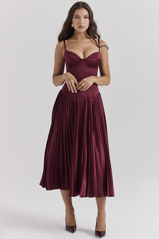 Beau Burgundy Stylish Pleated Midi Dress