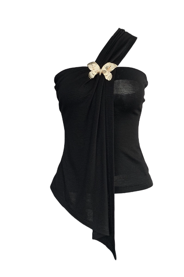 Black Draped Top Charming With An Asymmetrical Cut