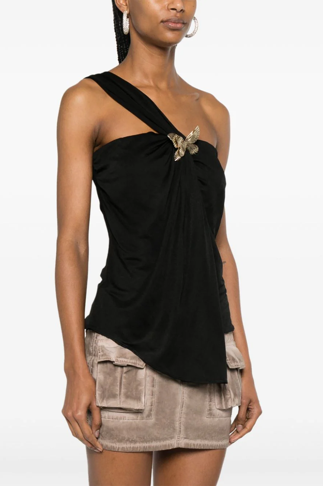 Black Draped Top Charming With An Asymmetrical Cut