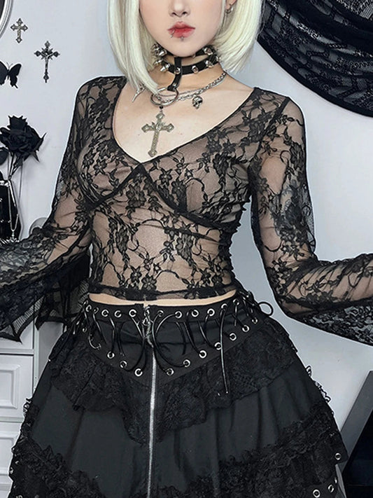 Lace Fairy Grunge V-neck See-Through Slim Fit Stylish Elegant Trendy Classic Crop Top